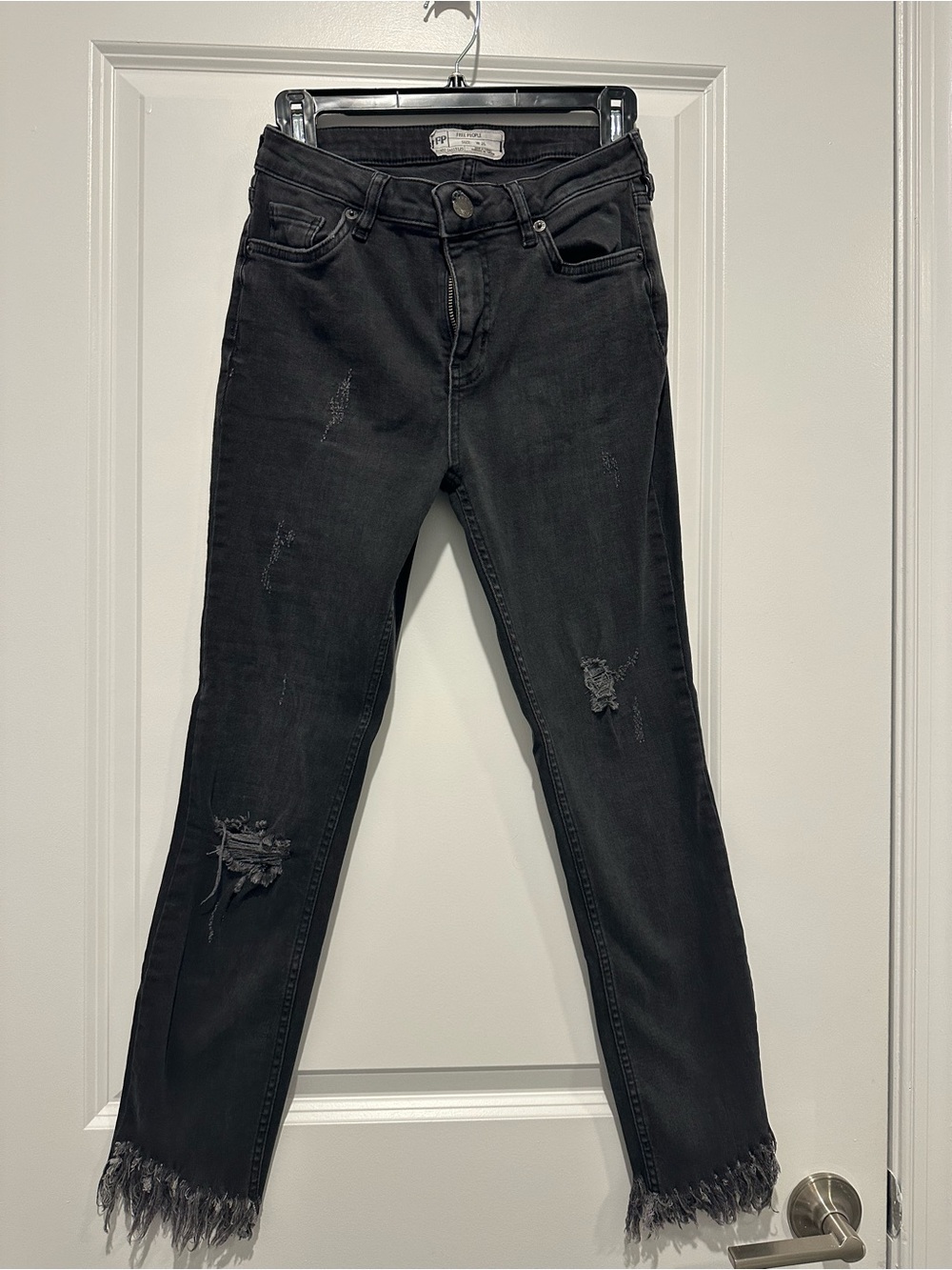 Free People Black Distressed Skinny Jeans with Frayed Hem